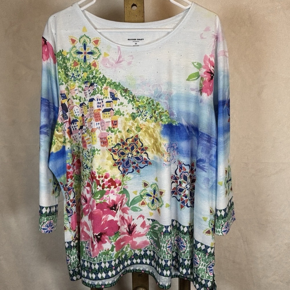 NWT‎ ALLISON DALEY 2X Multicolor Amalfi Coast 3/4  Crew Neck Knit Tunic Top